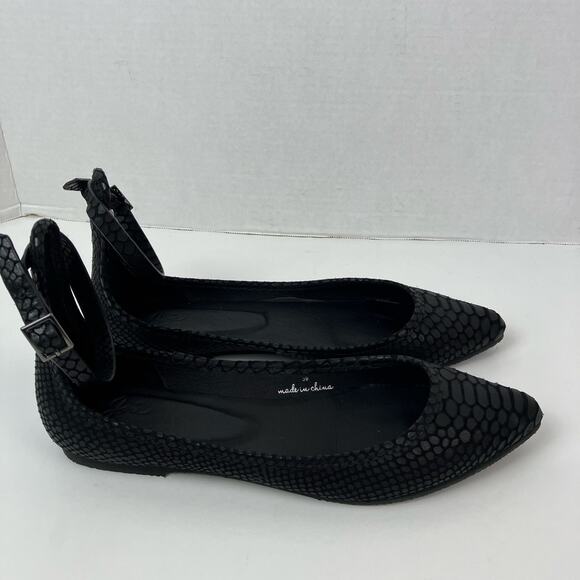 Joie Sz 9 Temple Black Embossed Leather Ankle Wrap Ballet Flats Pointed Toe - Picture 7 of 16